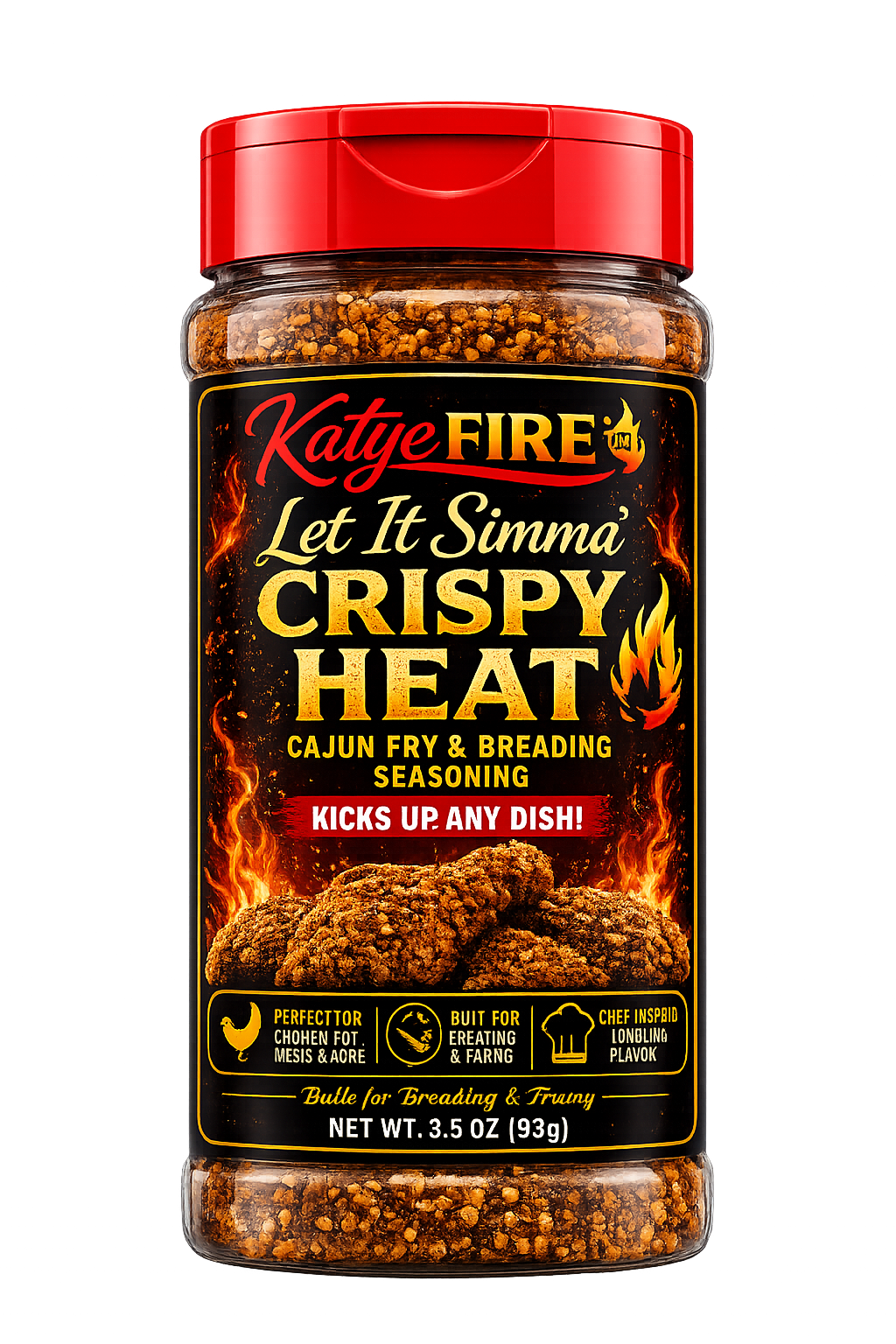 Bottle of Let It Simma’ Crispy Heat hot fry seasoning